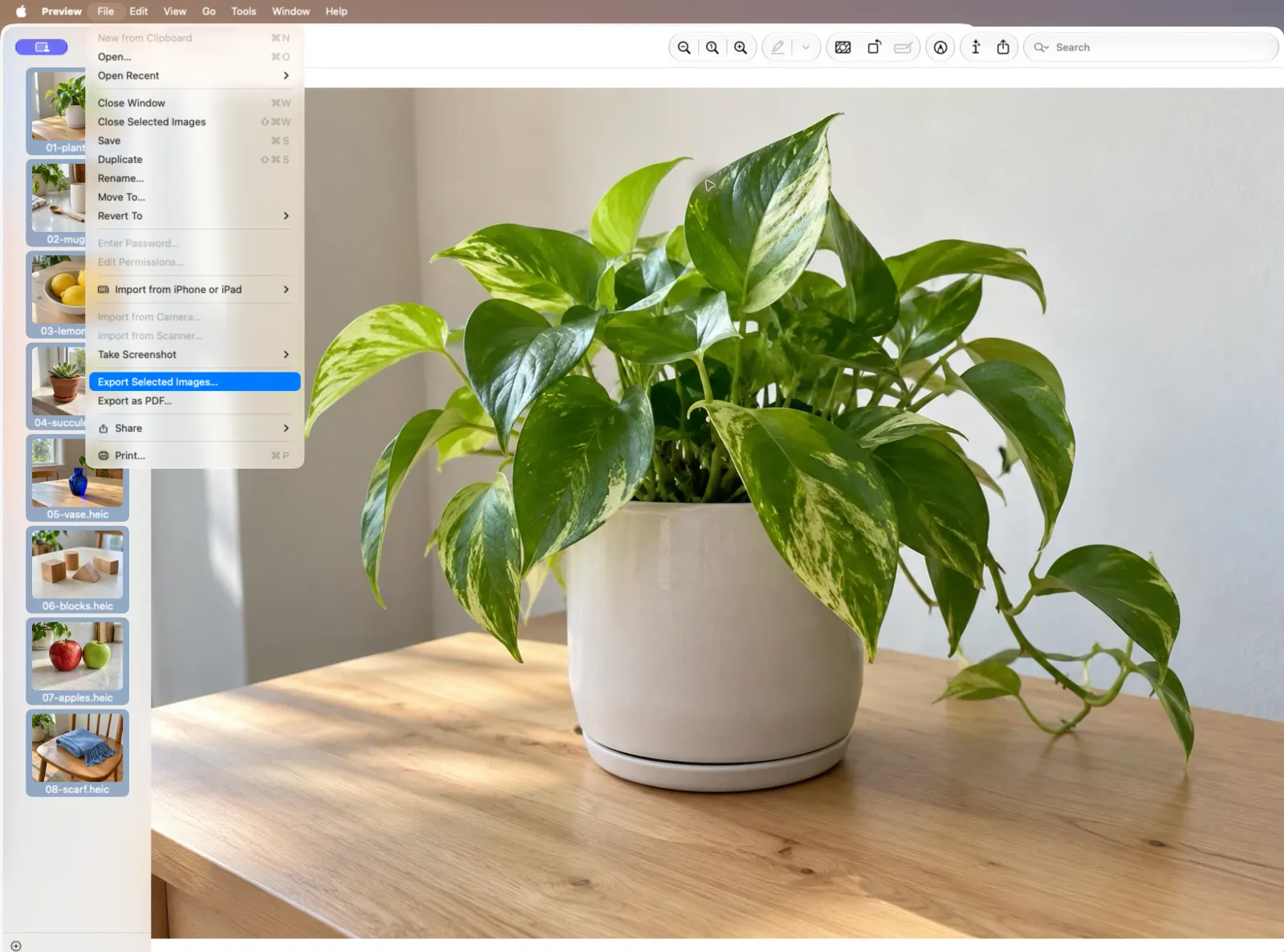 Preview with eight HEIC thumbnails selected and the File menu open on Export Selected Images…