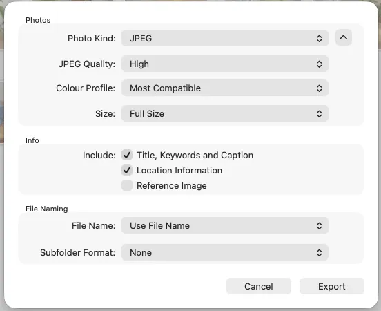 Photos Export 8 Photos dialog with Photo Kind set to JPEG and the expanded JPEG Quality, Colour Profile and Size options