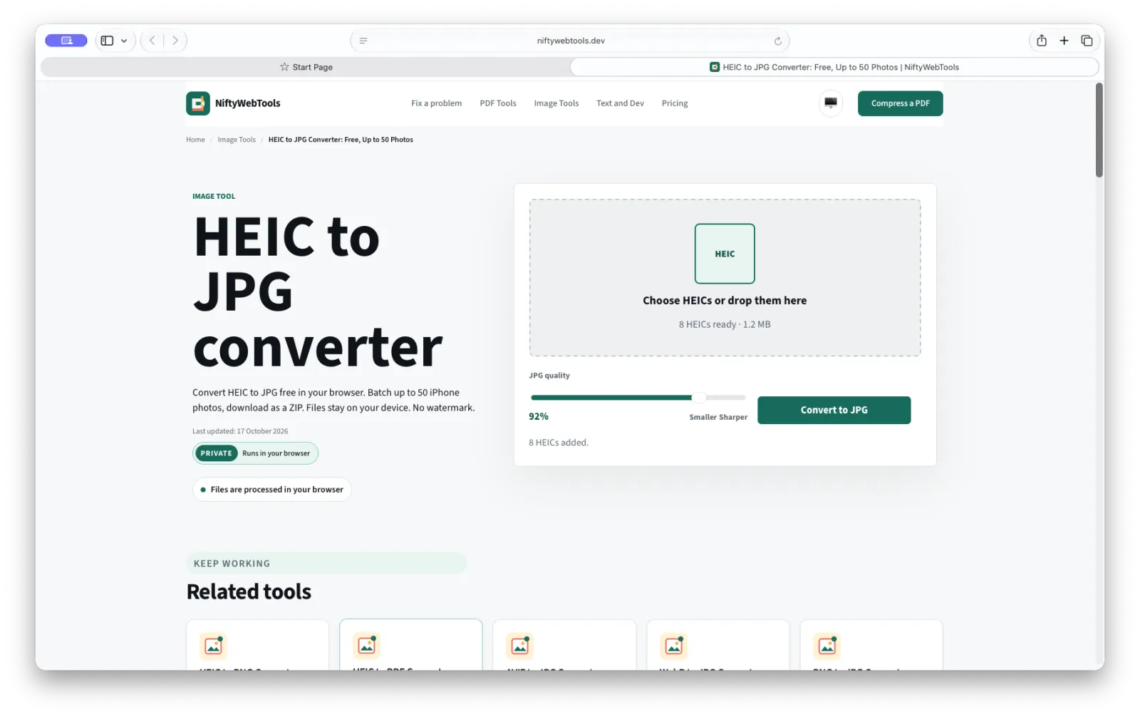 The NiftyWebTools HEIC to JPG page in Safari with a batch of HEIC photos added and the quality slider at 92%